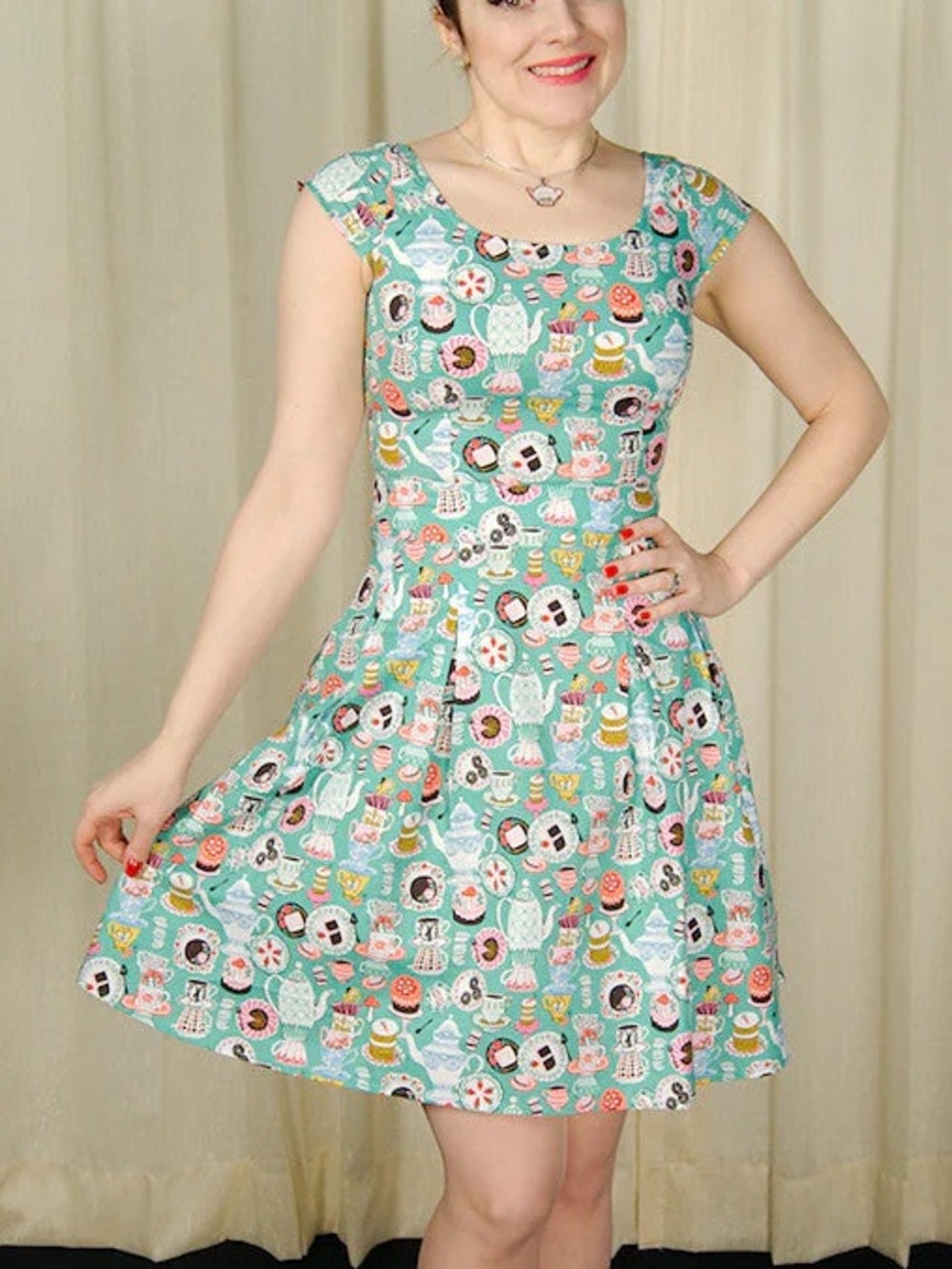 Retrolicious 50s Mad tea party pinup rockabilly green novelty mini dress